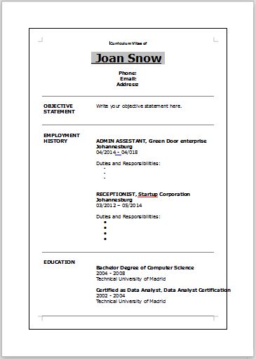 cv template south africa